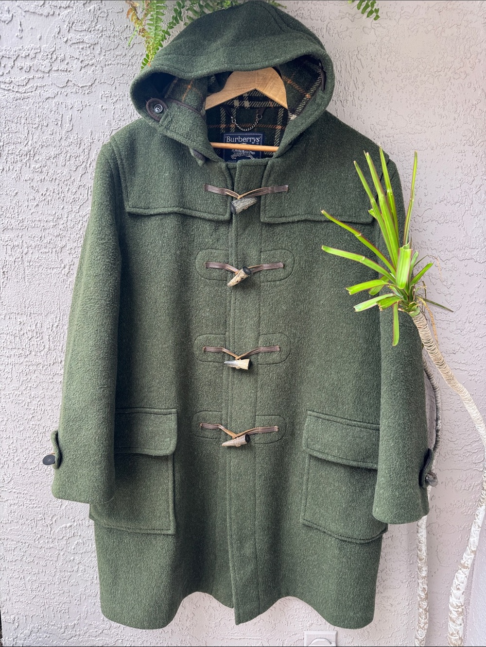 Burberry Olive Green Wool Toggle Duffle Coat with Hood Large
